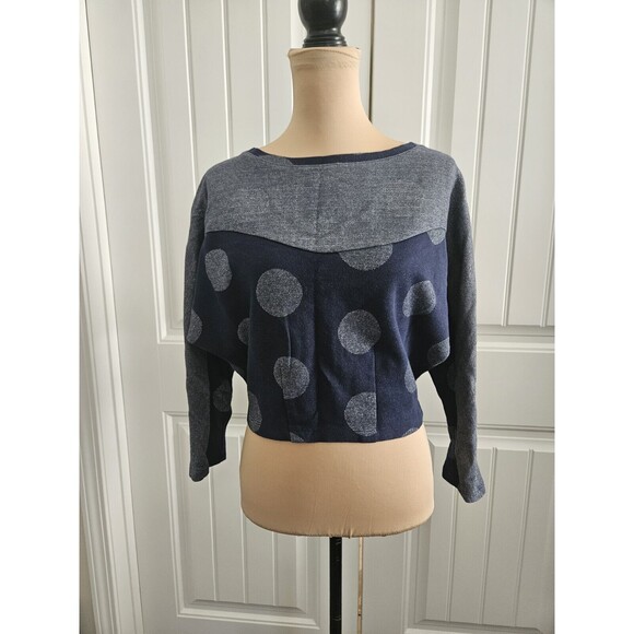 Anthropologie Postmark Blue Metallic Silver Polka Dot Cropped Dolman Sleeve Sz S - Picture 1 of 8